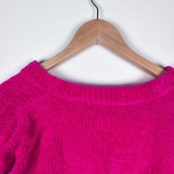 Vintage 80’s Chenille Cropped Knit Cardigan Sweater Hot Pink Barbiecore size M - Picture 10 of 12